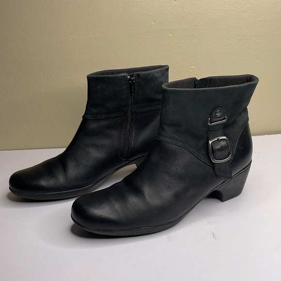 CLARKS Black Leather Ankle Boots INGALLS NILE Padded Footbed Low Wedge Heel 11 - Picture 16 of 16